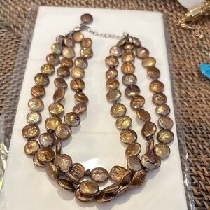 Boho REAL Bronze Coin Pearl Triple Strand Necklace